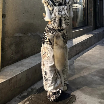 Street leopard print plush patchwork print jeans