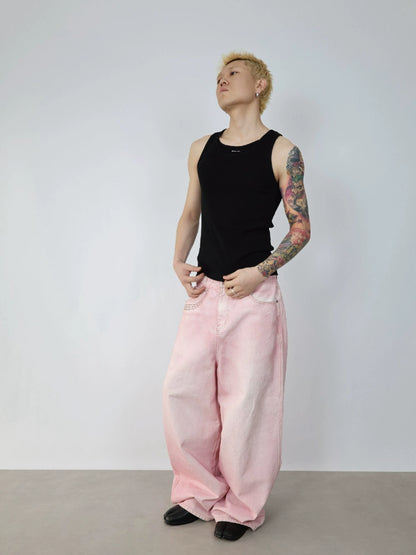 Pink Embroidery Denim Pants