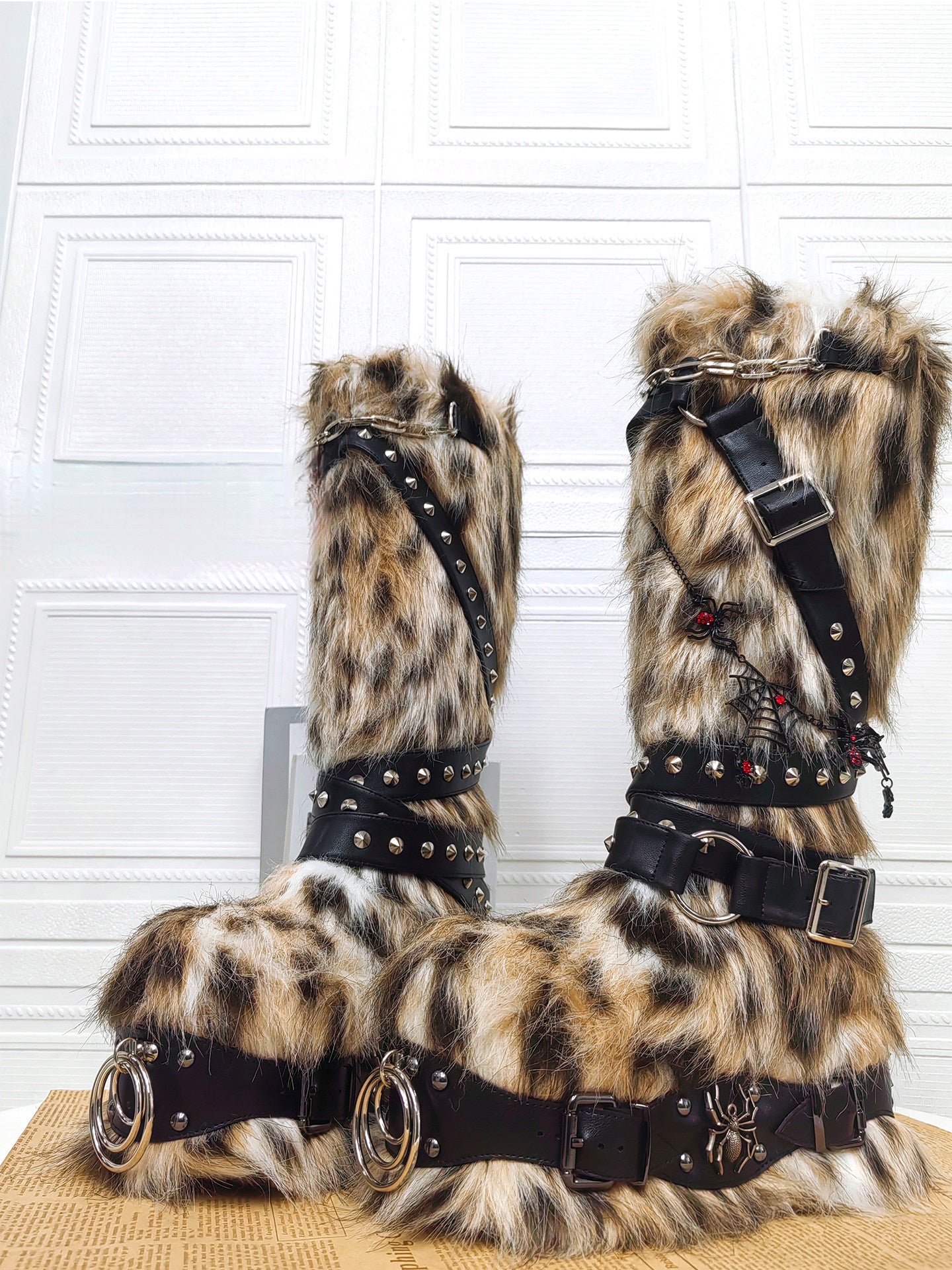 Leopard Fur Rivet Punk Platform Boots