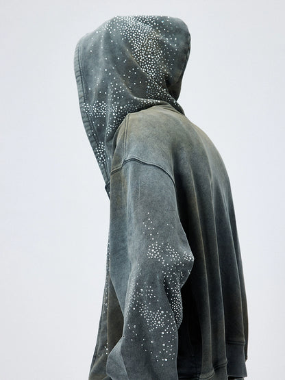 Mud-Dye Rhinestone Short Wide Hoodie