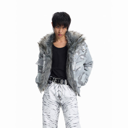 Camouflage imitation wolf fur lapel embroidered padded jacket