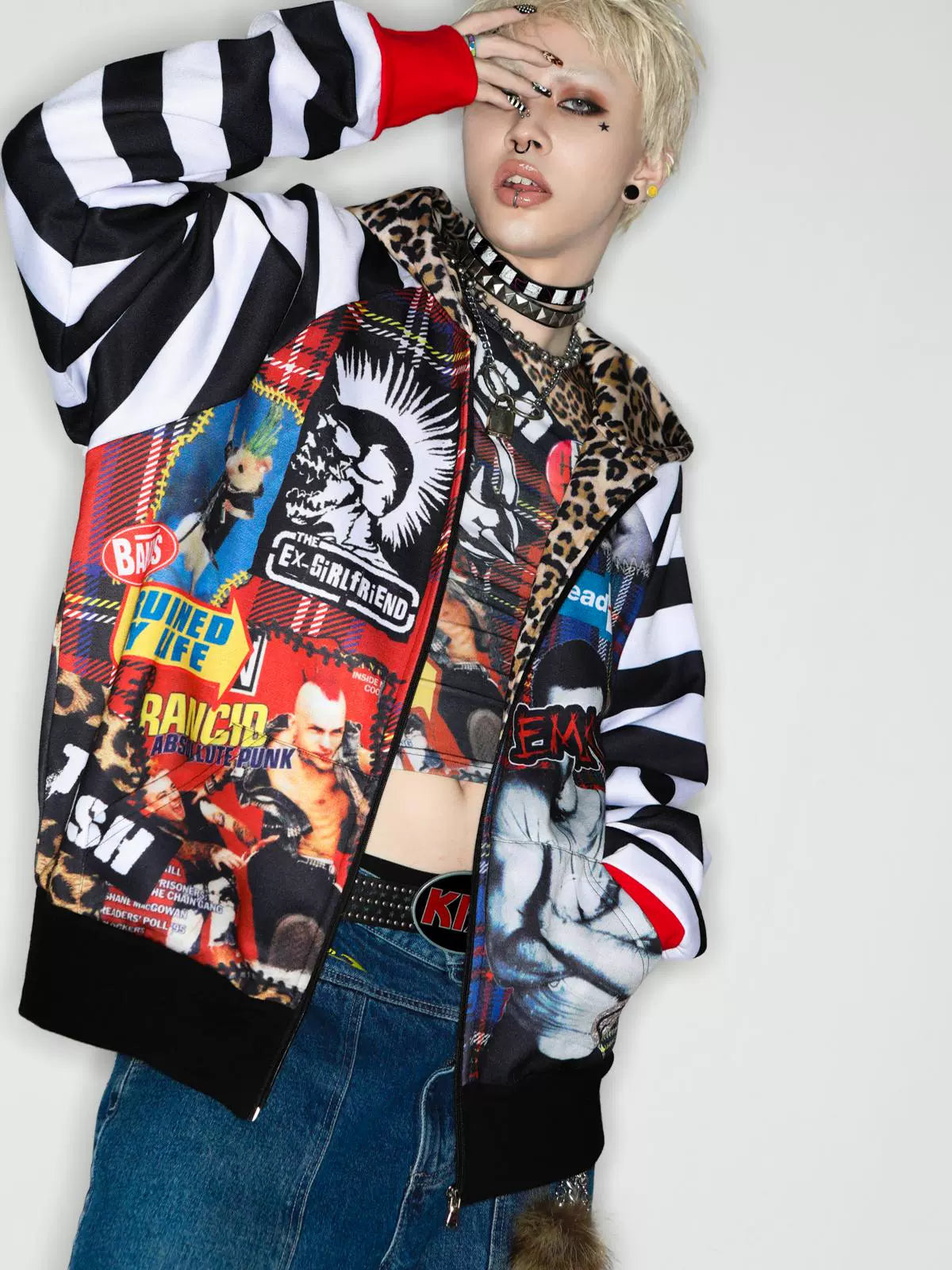 Oversized Check Leopard Hoodie Jacket