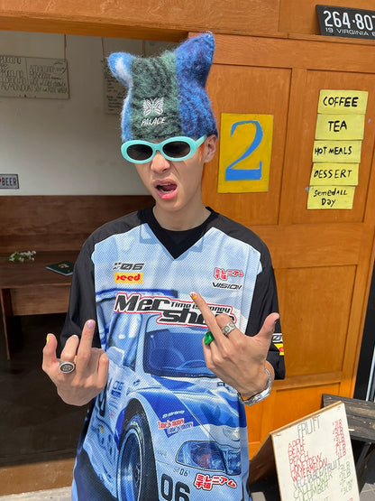 Racing Print V-Neck Mesh T-shirt