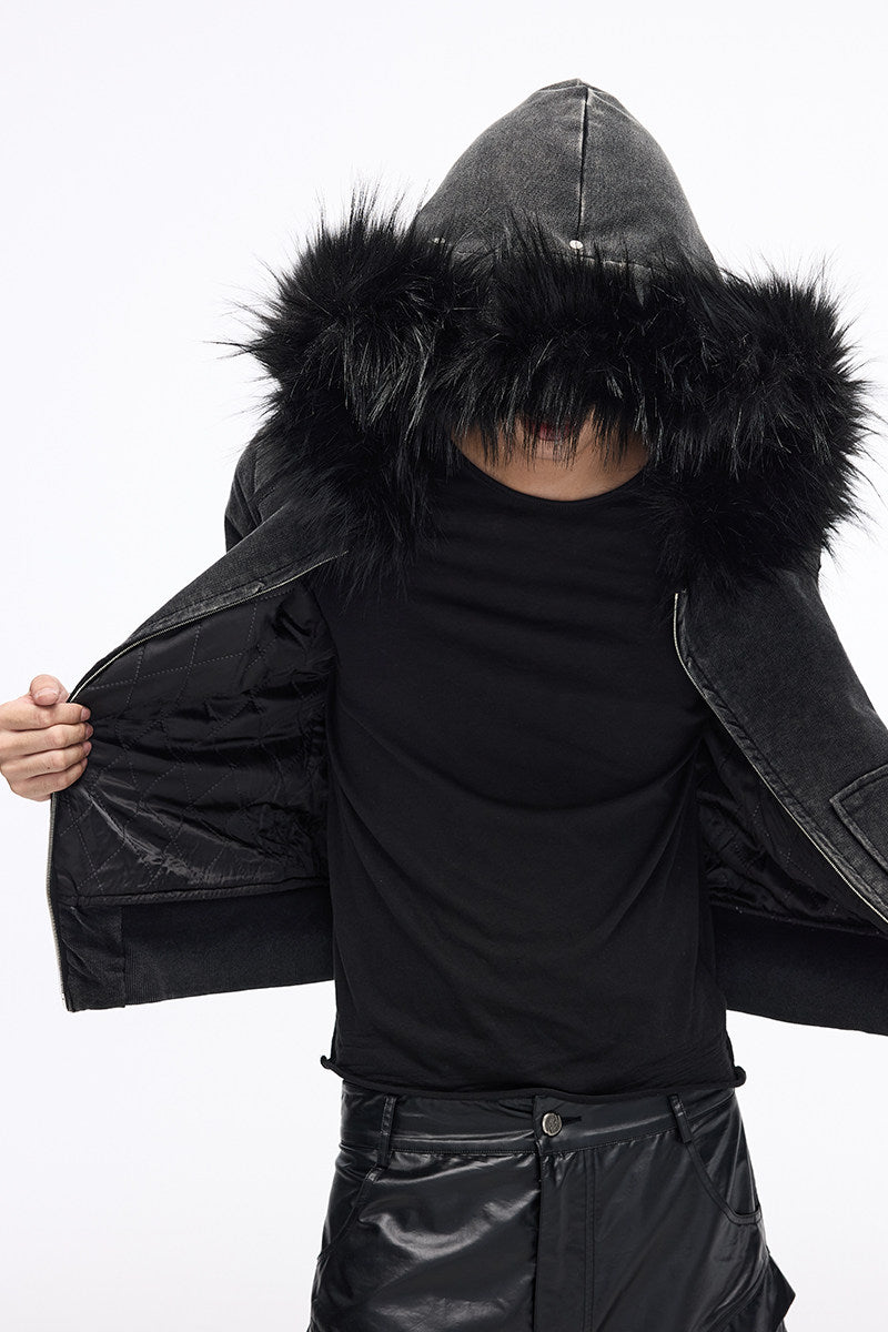 Fur collar slim wash distressed zipper hooded