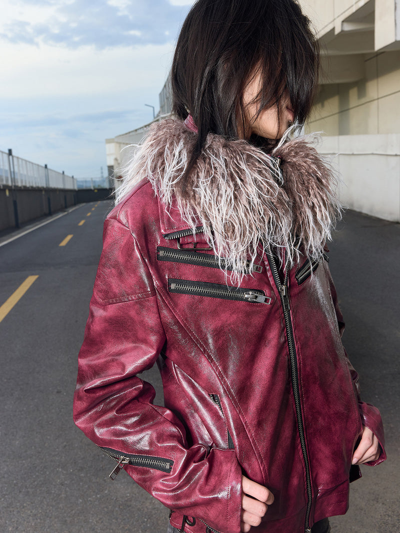 Fur Collar Jacket Zip Front Shoulder Slim Fit Leather Jacket