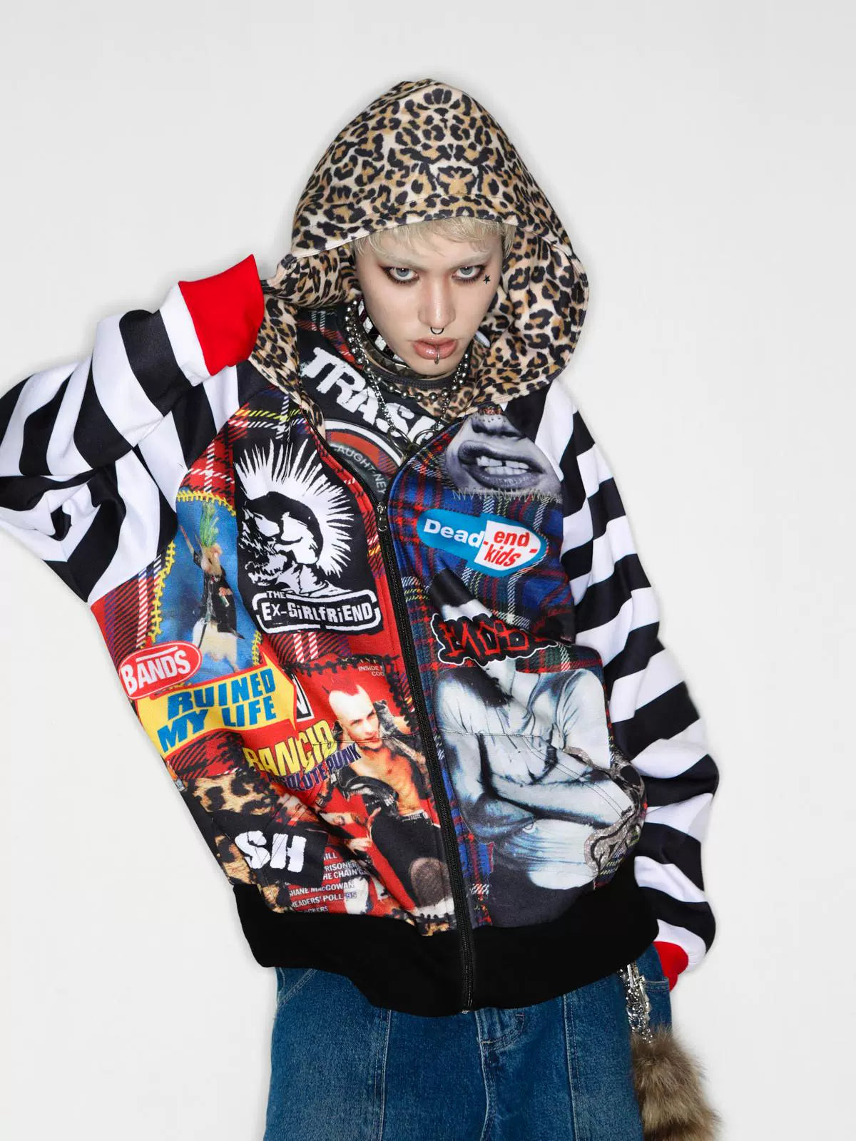 Oversized Check Leopard Hoodie Jacket