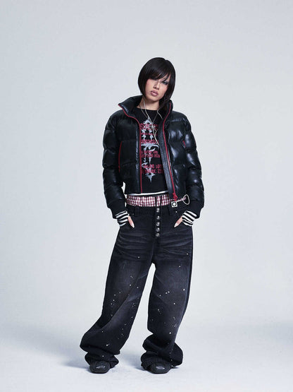 Detachable patchwork contrast soft PU fur collar cotton jacket