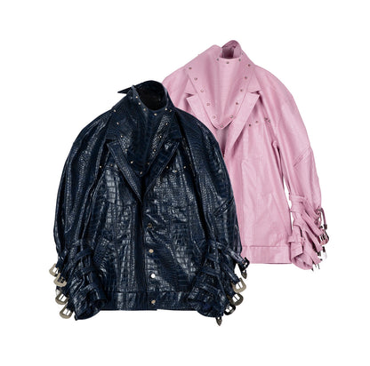 Metal buckle  mid-length leather coat windbreaker jacket