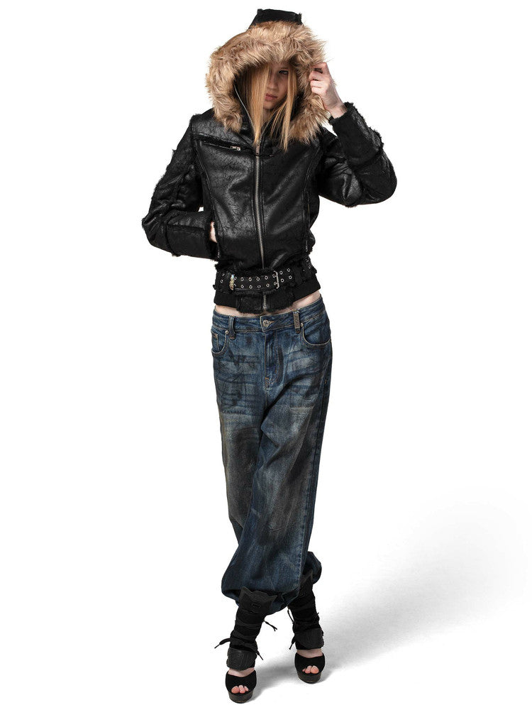 Leather belt fur collar hoodie zip jacket Martin match