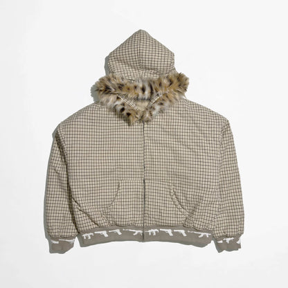 Leopard Print Cotton Suit Plaid Fur Collar Detachable Jacket