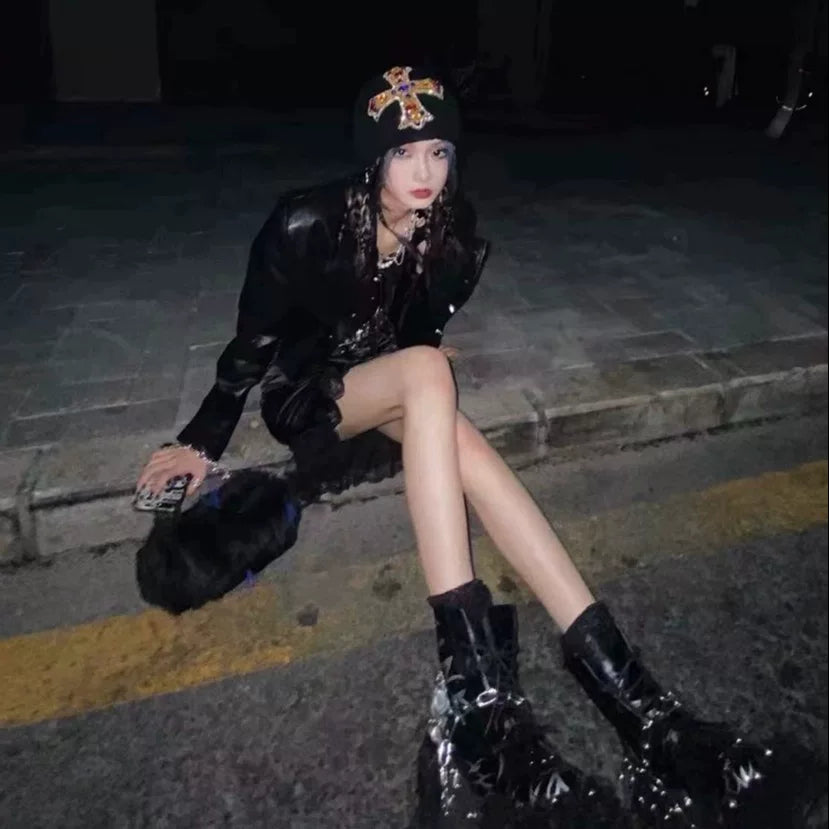 Autumn and winter street retro street gothic fashion heavy industry cross gemstone knitted hat woolen toe hat for men and women