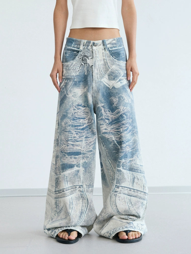 Vintage Printed Denim Pants