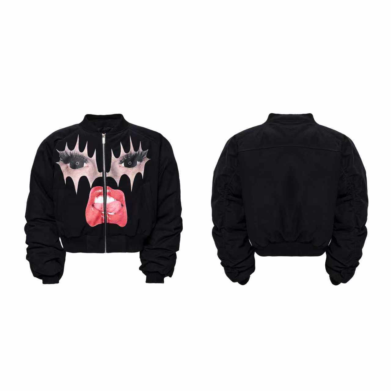 Red lip fun print thickened fleece baseball jersey jacket