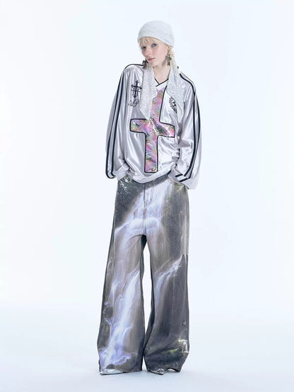 Digital Print Baggy Denim Pants