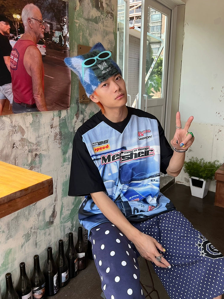 Racing Print V-Neck Mesh T-shirt