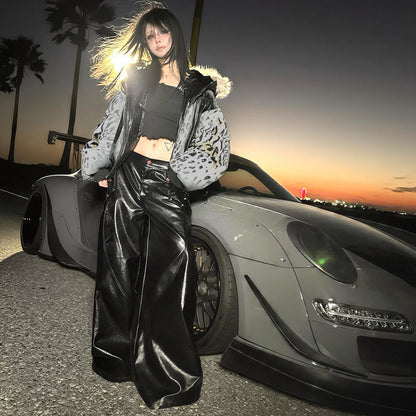 Short and Wide Hooded Split Leopard Print Thickened Jacket