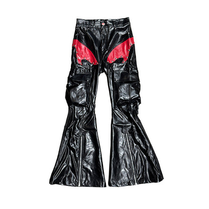 Flare PU Pants Metal Rivet Flame Leather Zipper Pocket