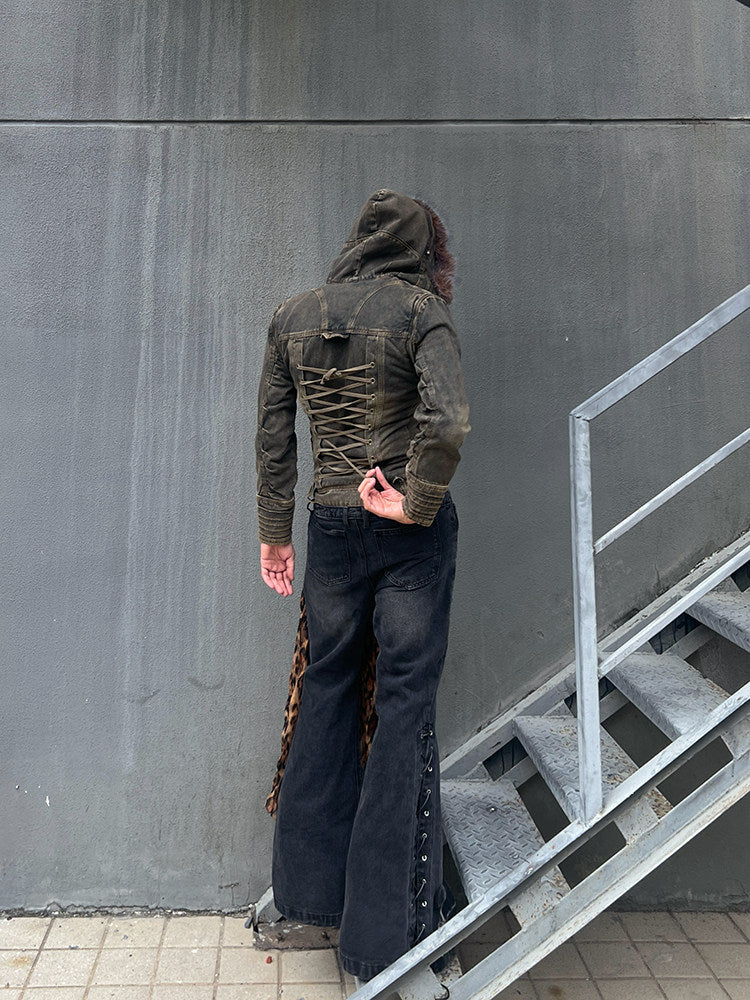 Y2K Fur Collar Hooded Denim Jacket