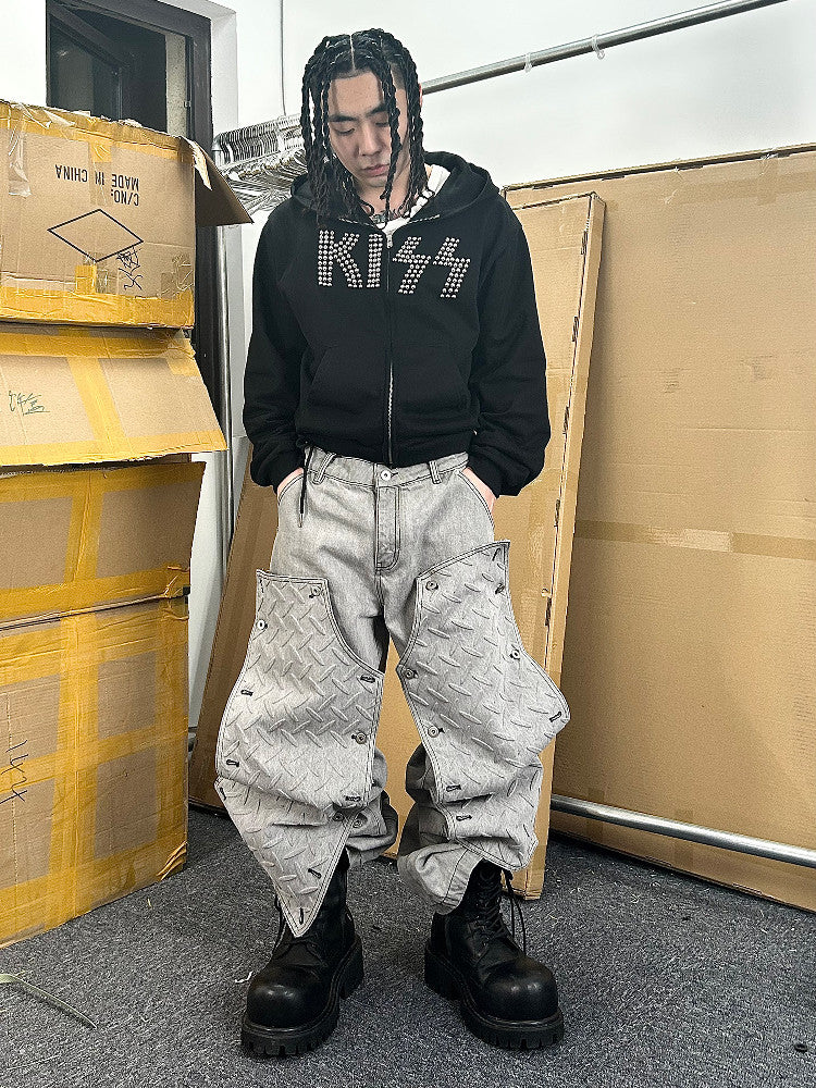 Grey Deconstructed Knee Length Denim Pants