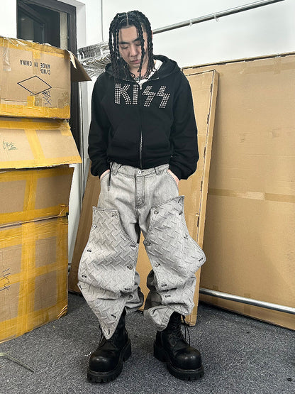 Grey Deconstructed Knee Length Denim Pants
