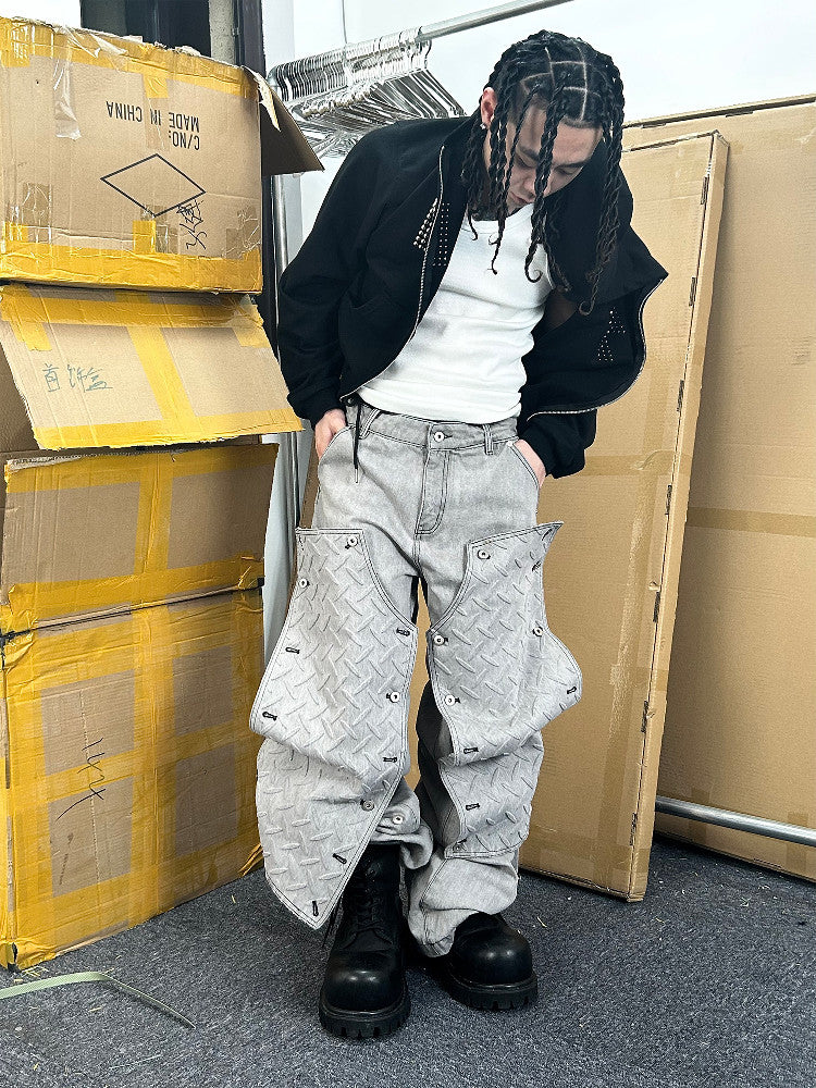 Grey Deconstructed Knee Length Denim Pants