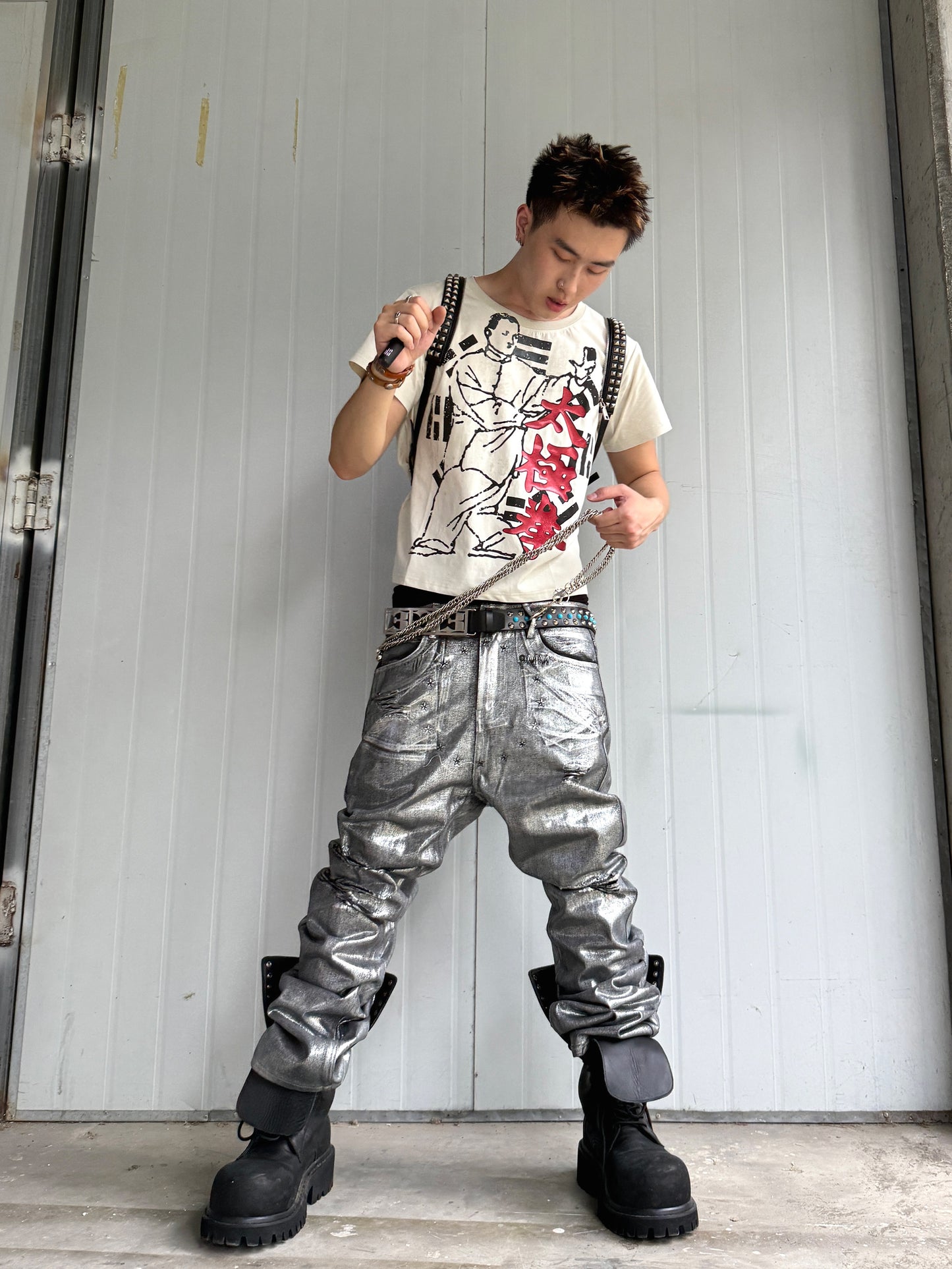 Silver Coated Frayed Bootcut Jeans