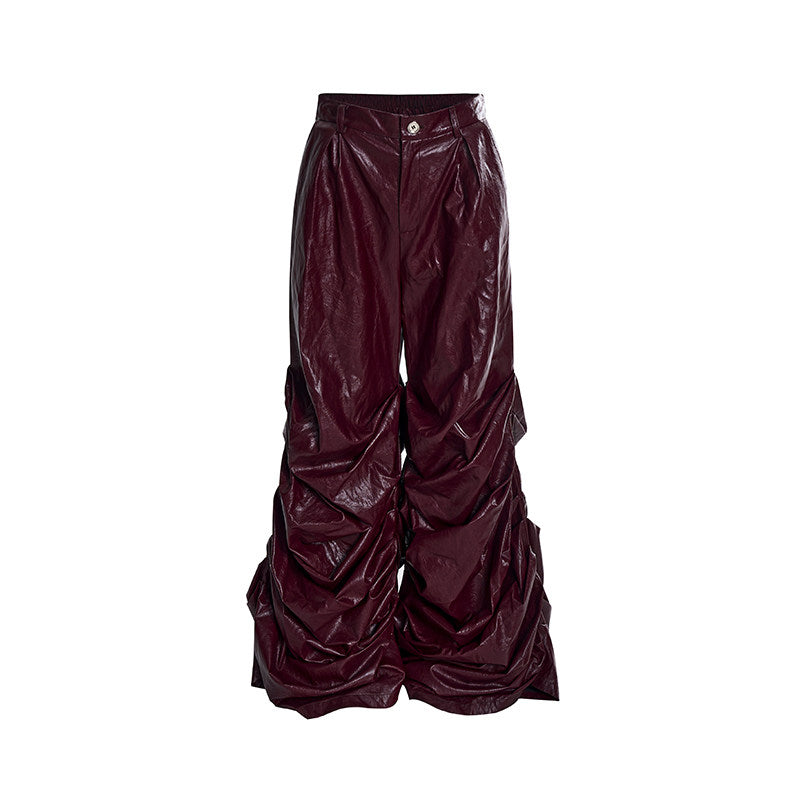 Wide-Leg PU Pleated Pants