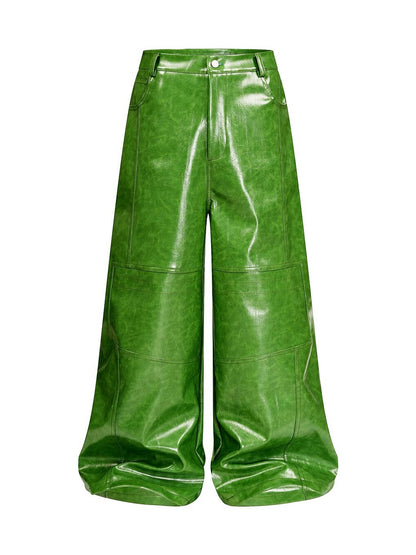 Green Liquid Leather Wide Pants