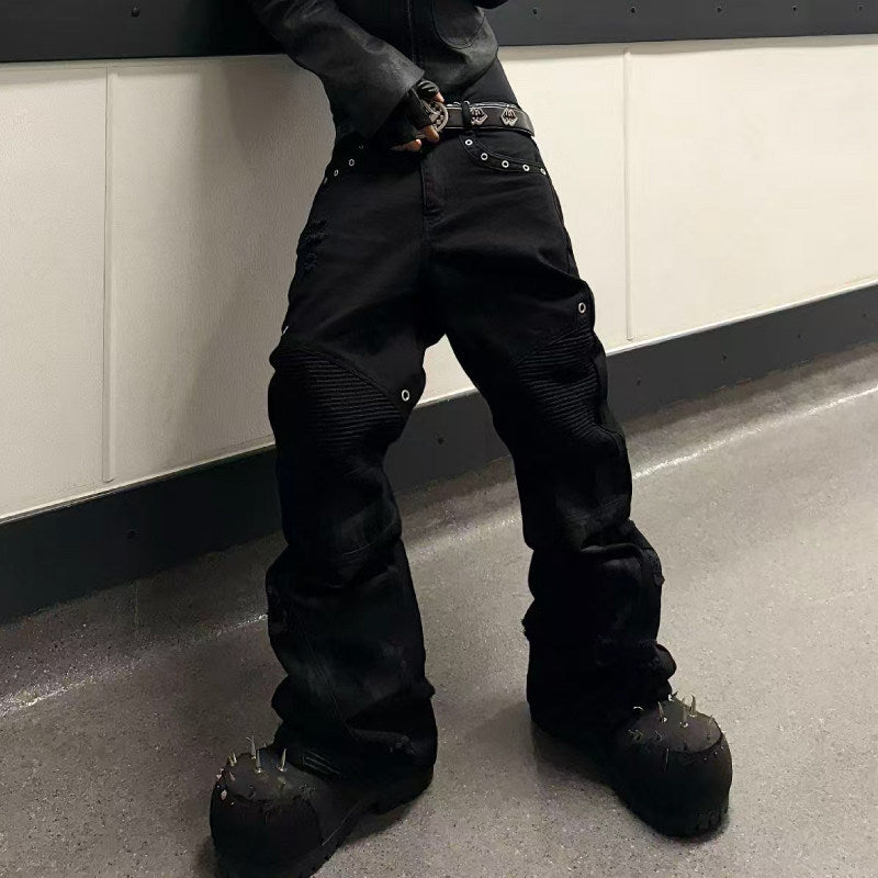 Bump nail brush wax double zipper motorcycle pants