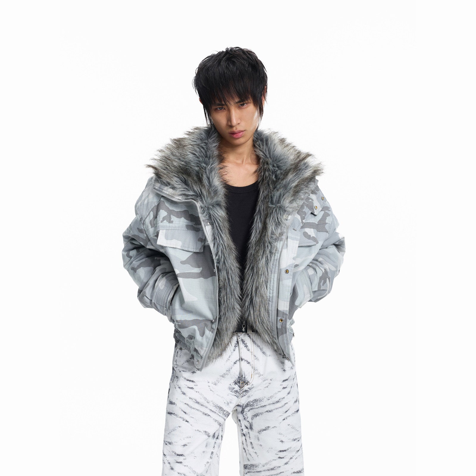 Camouflage imitation wolf fur lapel embroidered padded jacket