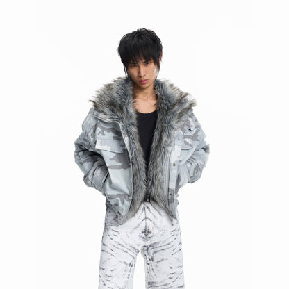 Camouflage imitation wolf fur lapel embroidered padded jacket