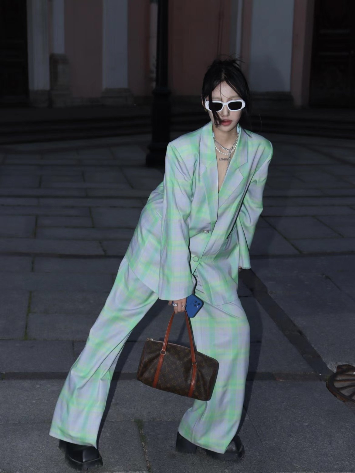 Green Check Retro Loose Suit Set