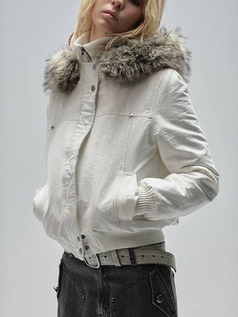Large Fur Collar Cropped Cotton Jacket