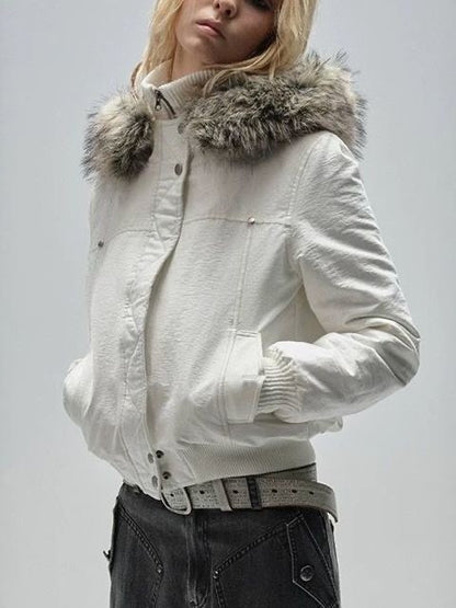 Large Fur Collar Cropped Cotton Jacket