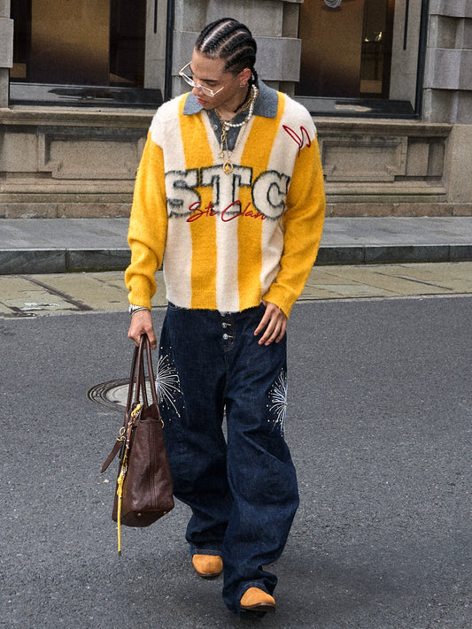 Retro Yellow Jacquard Knit Polo Sweater