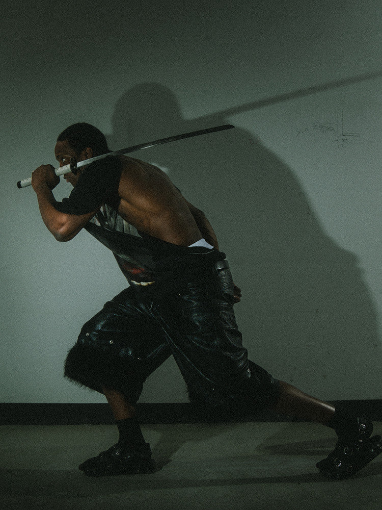 Oil Wax Fur Hem Leather Cropped Pants