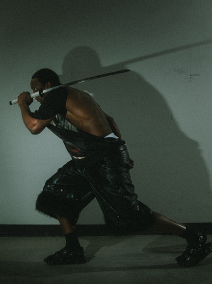 Oil Wax Fur Hem Leather Cropped Pants