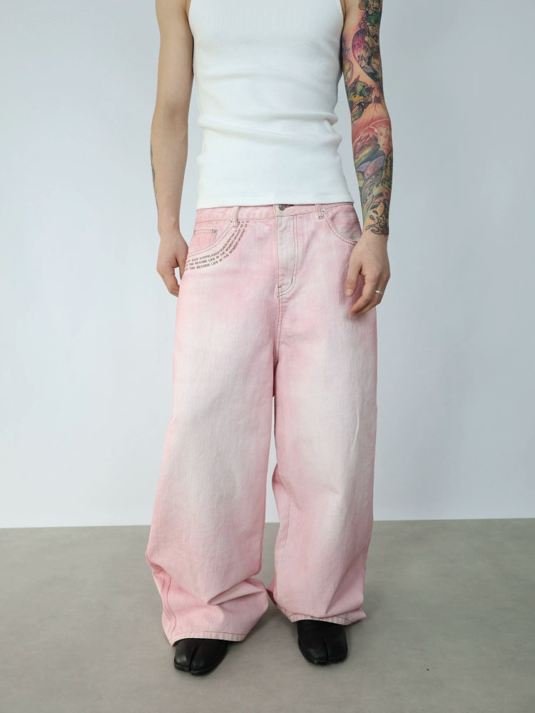 Pink Embroidery Denim Pants