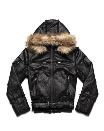 Leather belt fur collar hoodie zip jacket Martin match