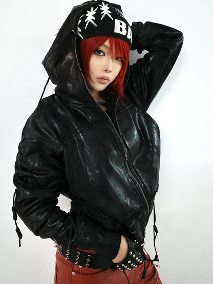 Waxed Black Hooded Zip Hoodie