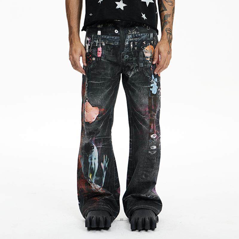 Dark Cartoon Print Double-Waist Jeans
