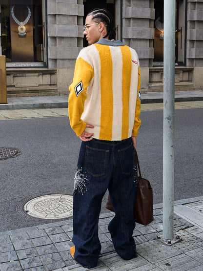 Retro Yellow Jacquard Knit Polo Sweater