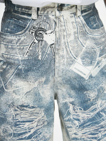 Vintage Printed Denim Pants