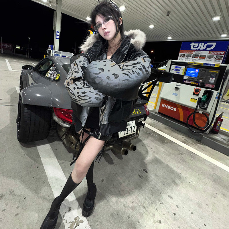 Short and Wide Hooded Split Leopard Print Thickened Jacket