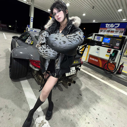 Short and Wide Hooded Split Leopard Print Thickened Jacket