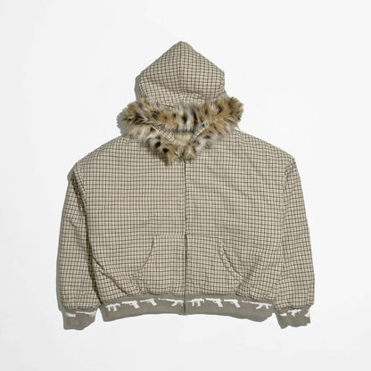 Leopard Print Cotton Suit Plaid Fur Collar Detachable Jacket