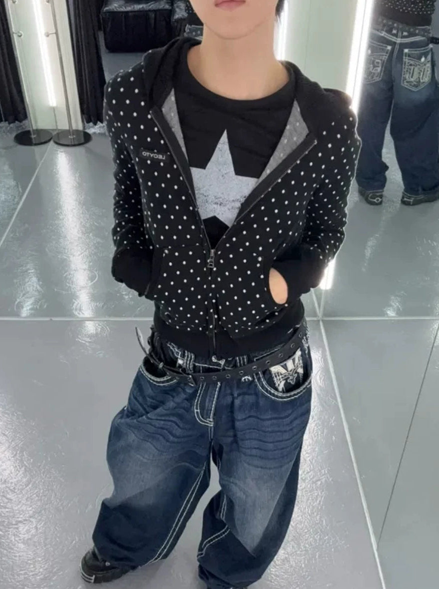 sakuya same style Korean genuine direct mail lecyto polka dot zipper y2k slim men's and women's hooded sweatshirt jacket