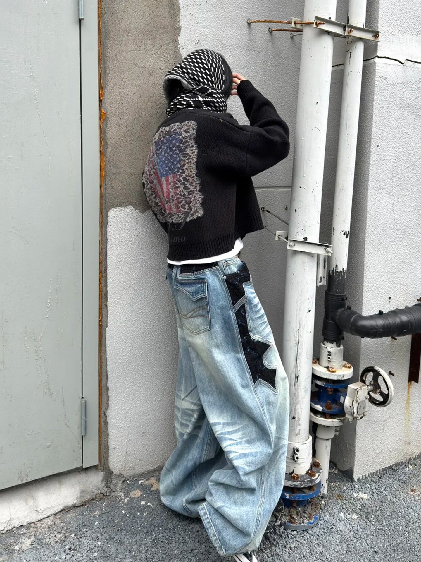 Leopard print navy blue flag cardigan sweater knit jacket