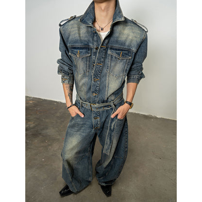 Washed Shoulder Padded Loose Scimitar Denim SetUp