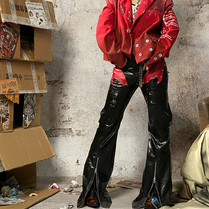 Flare PU Pants Metal Rivet Flame Leather Zipper Pocket